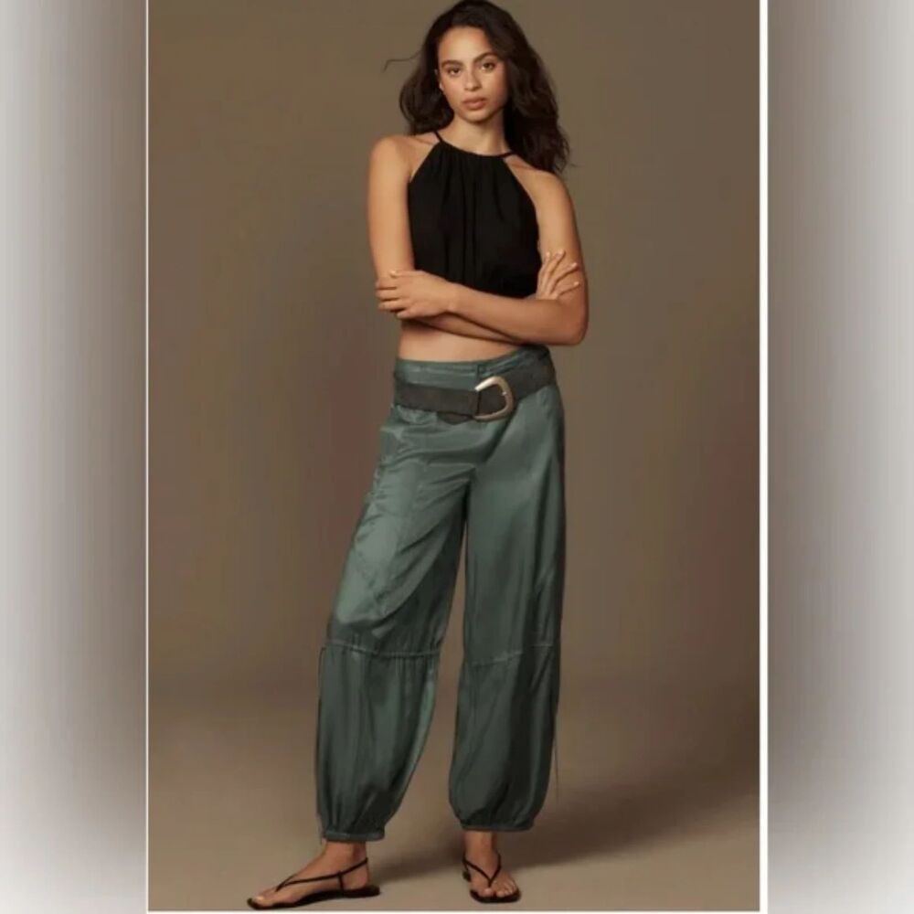 Anthropologie Ruched Parachute Harem Pants Green Satin Viscose Size 8 NWT